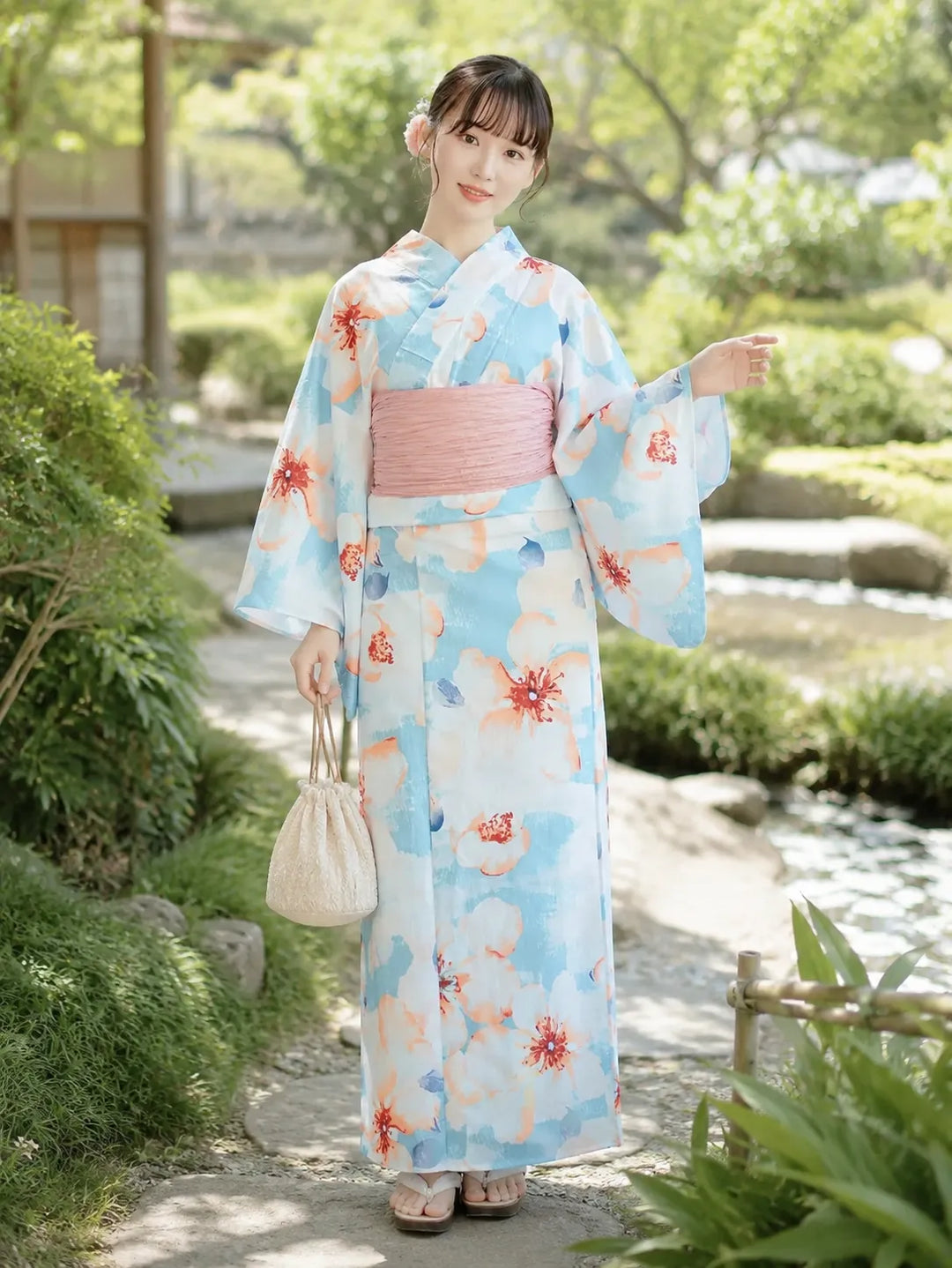 Kimono Japonais Femme Bleu Ciel Fleuri