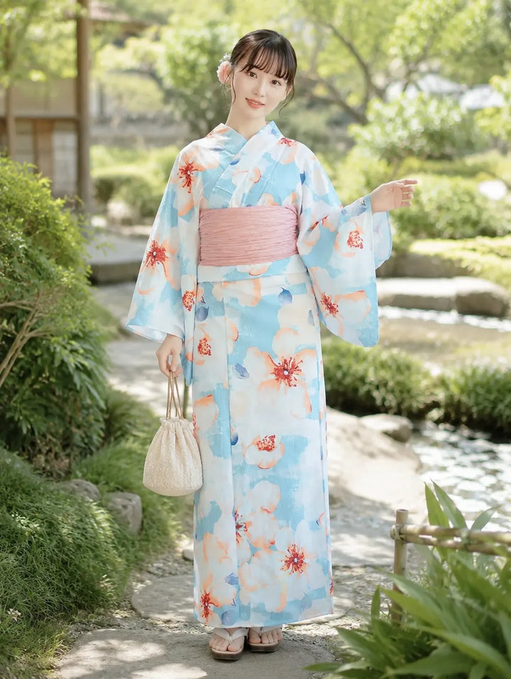 Kimono Japonais Femme Bleu Ciel Fleuri