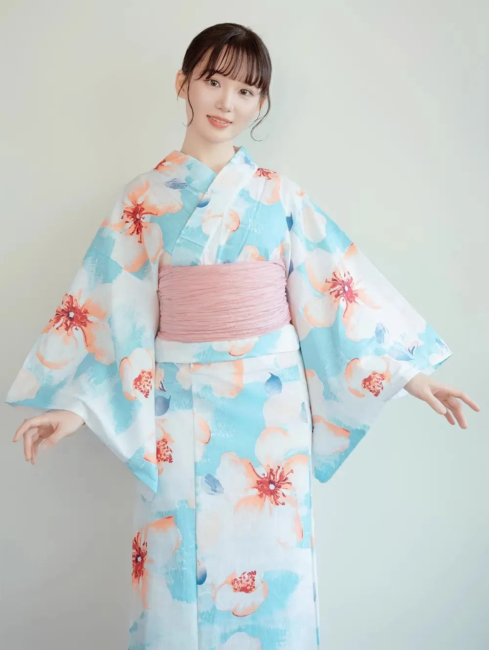 Kimono Japonais Femme Bleu Ciel Fleuri Chic