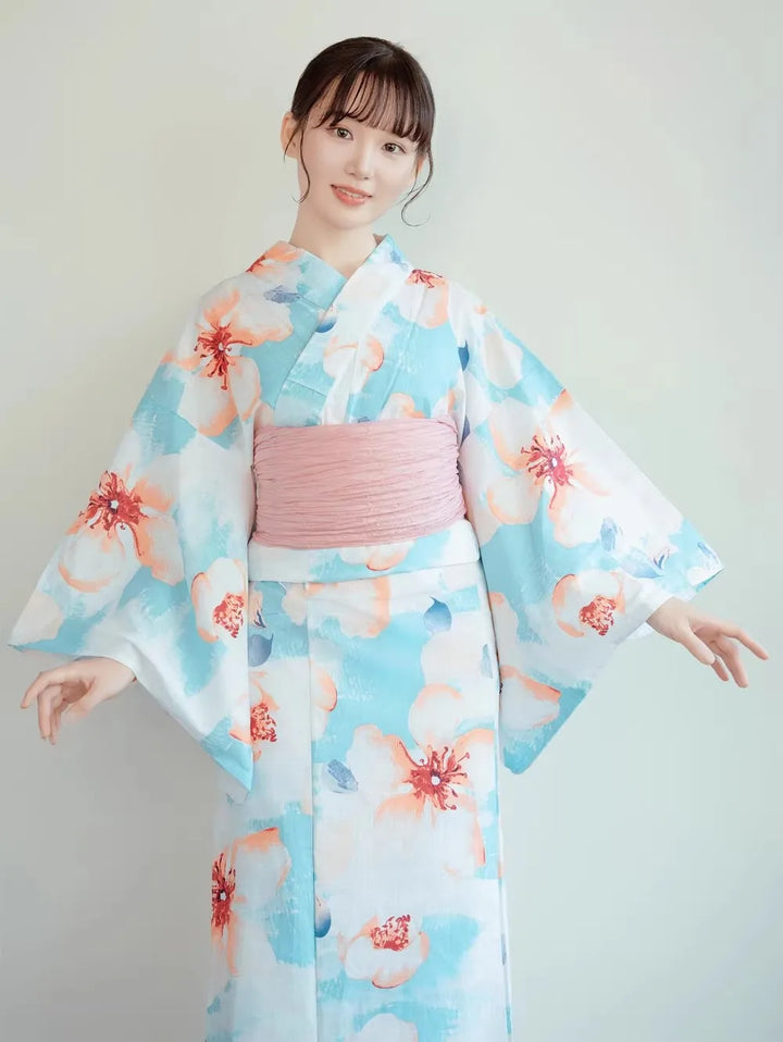 Kimono Japonais Femme Bleu Ciel Fleuri Chic