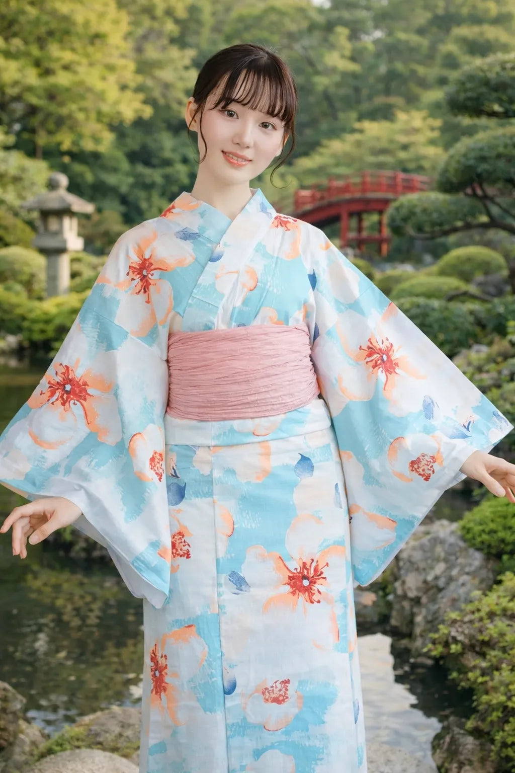 Kimono Japonais Femme Bleu Ciel Fleuri Unique