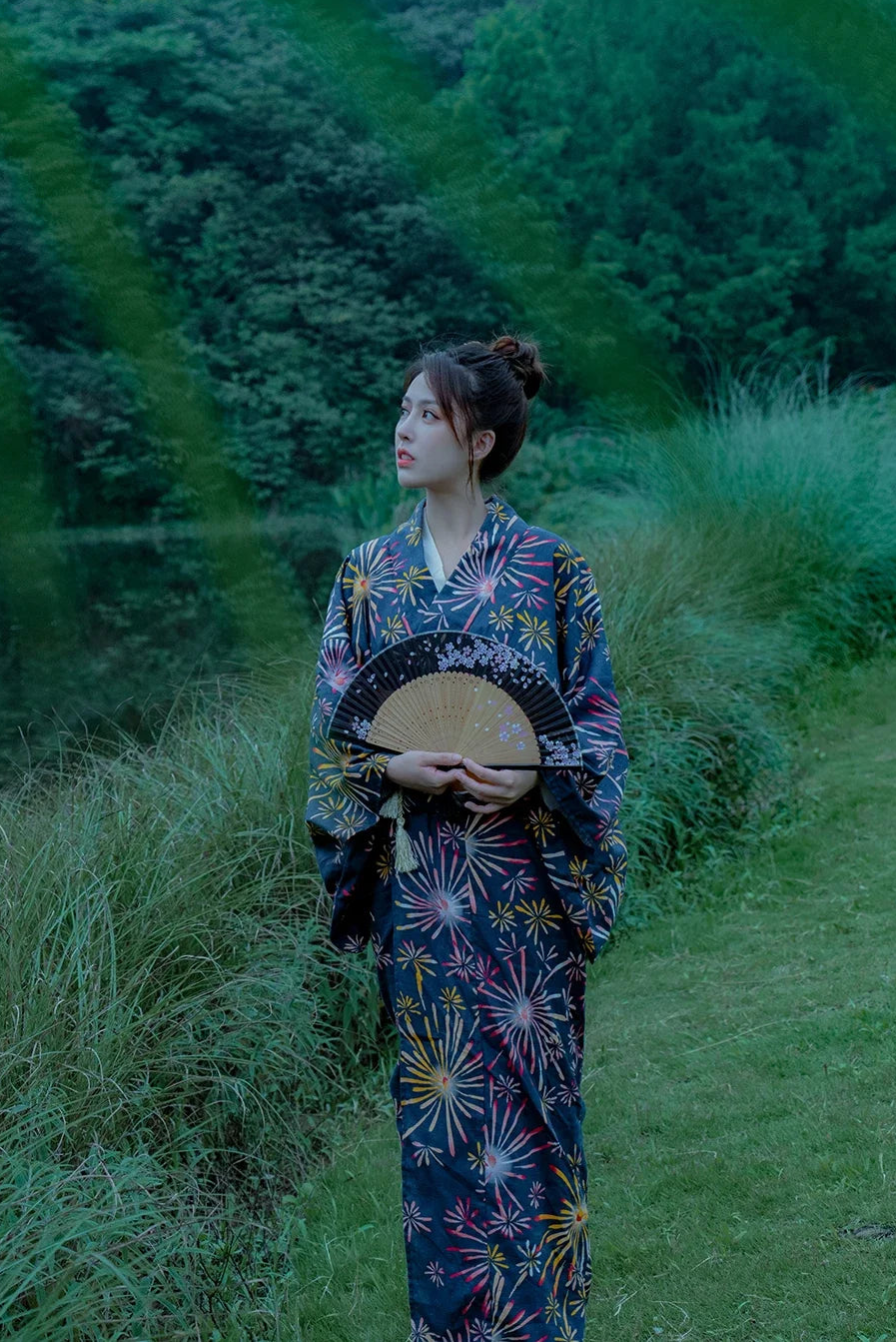Kimono Japonais Femme Bleu en Coton