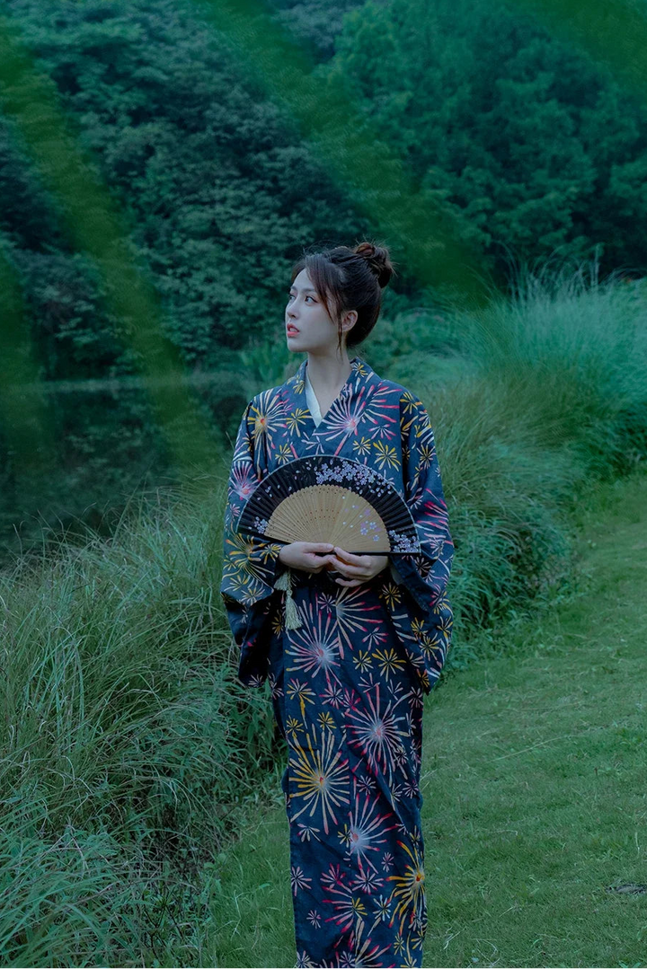 Kimono Japonais Femme Bleu en Coton