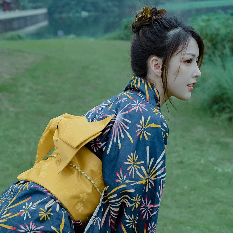 Kimono Japonais Femme Bleu en Coton Unique