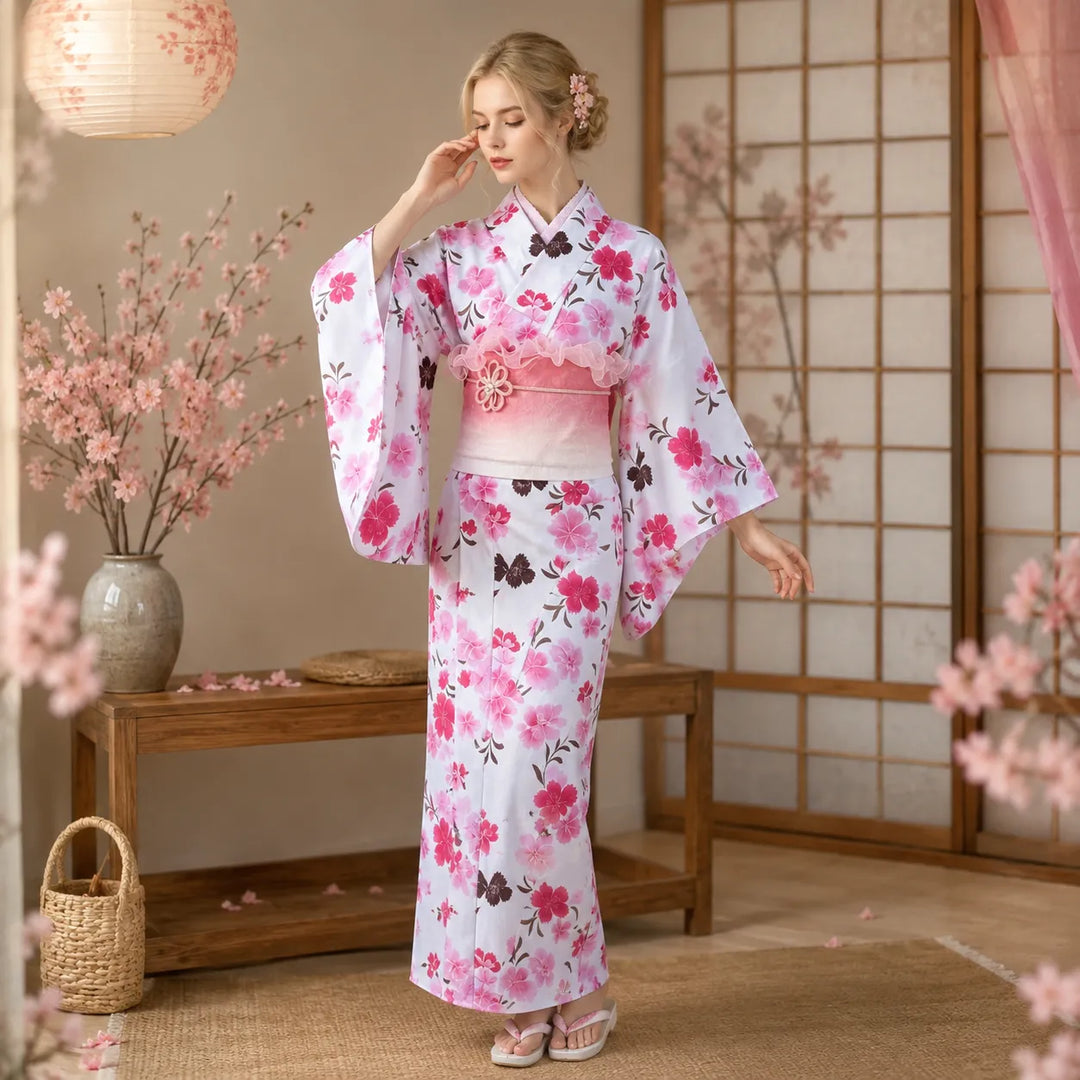 Kimono Japonais Femme Chic Blanc et Rose