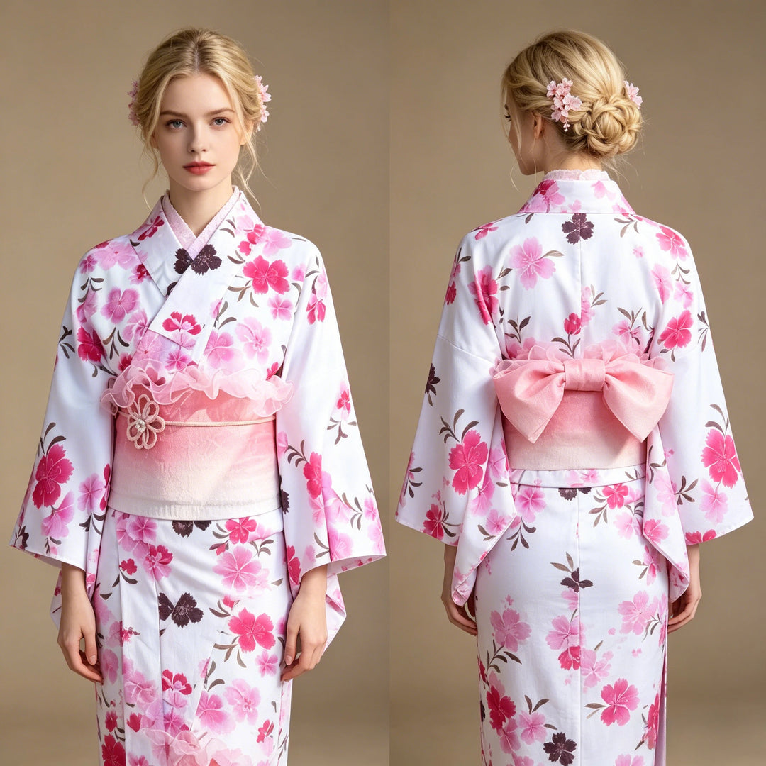 Kimono Japonais Femme Chic Blanc et Rose Délicat