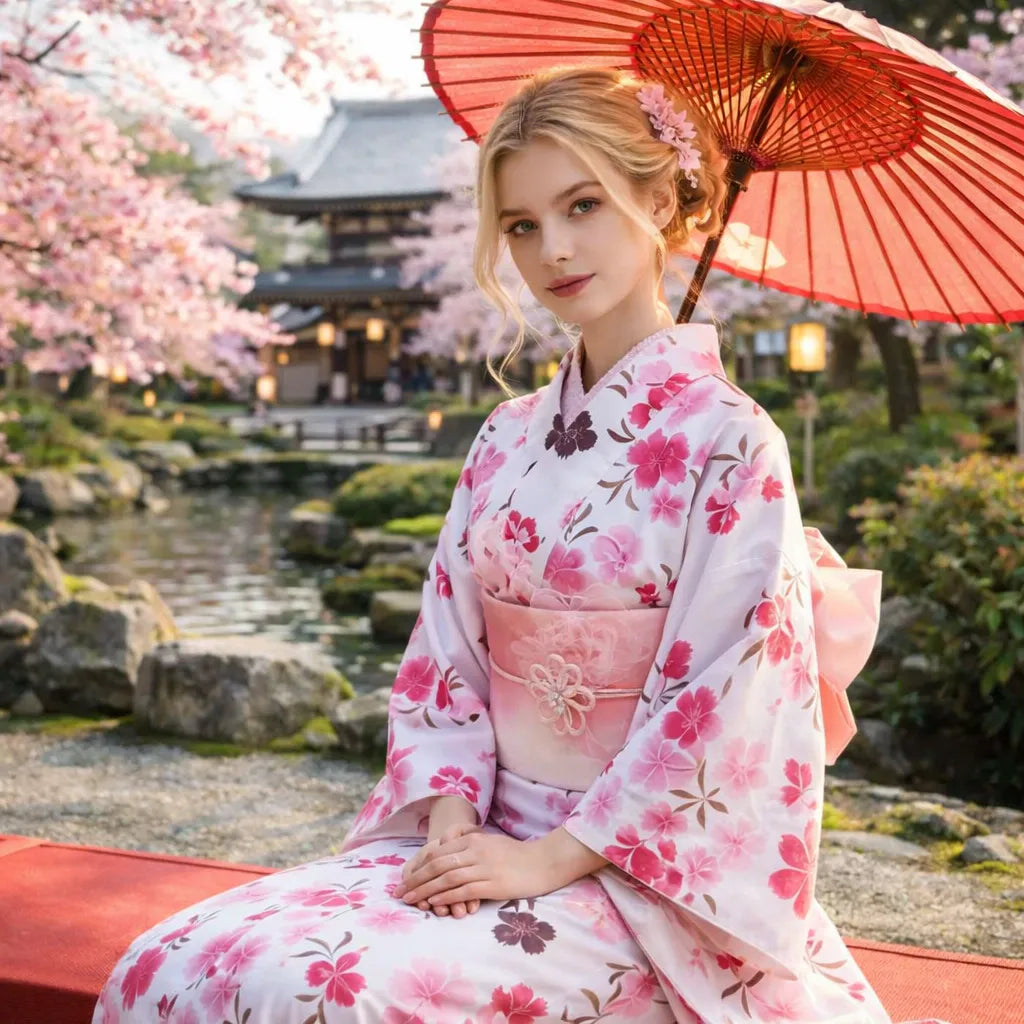 Kimono Japonais Femme Chic Blanc et Rose Légère
