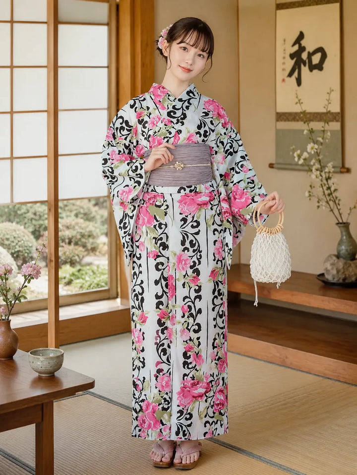 Kimono Japonais Femme Chic à Fleurs Roses