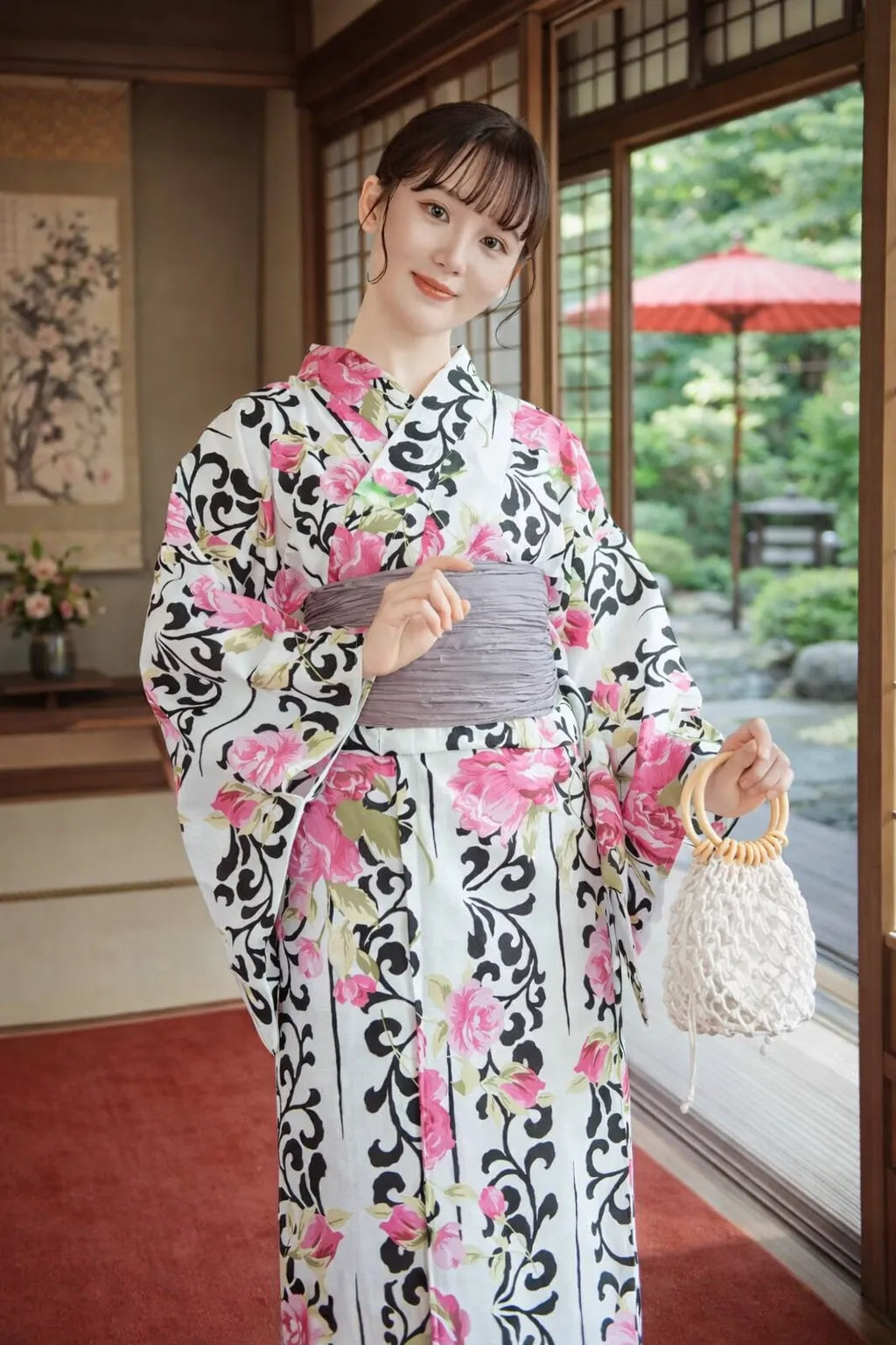 Kimono Japonais Femme Chic à Fleurs Roses Légère