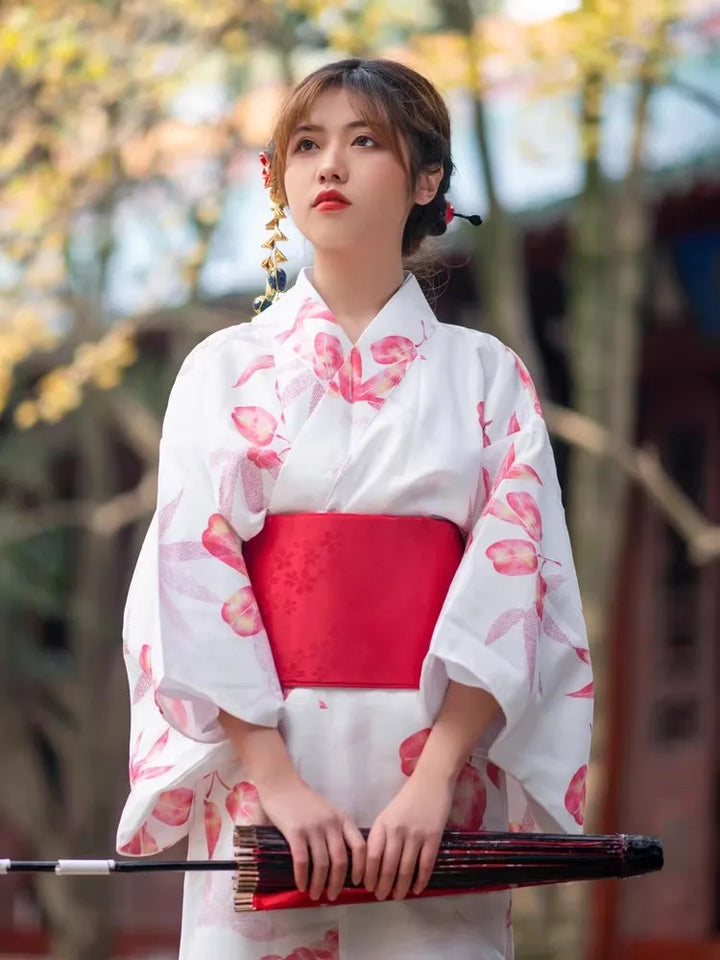 Kimono Japonais Femme Imprimé Fleurs Rouges