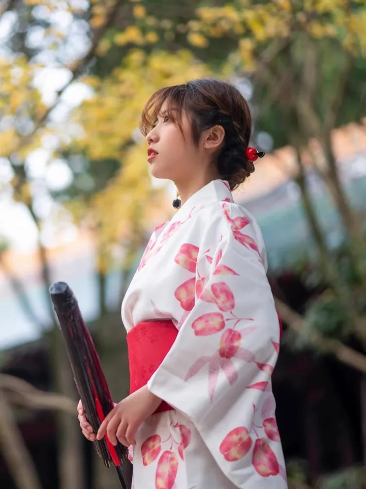 Kimono Japonais Femme Imprimé Fleurs Rouges Unique