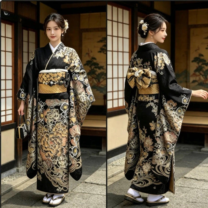 Kimono Japonais Femme Noir et Doré Chic