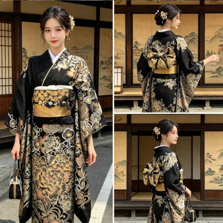 Kimono Japonais Femme Noir et Doré Raffinée