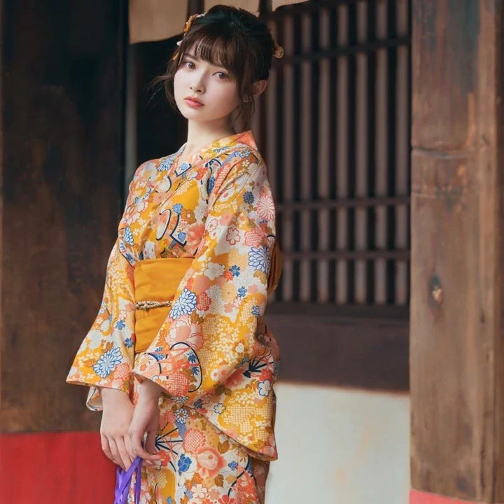 Kimono Japonais Femme Orange Floral