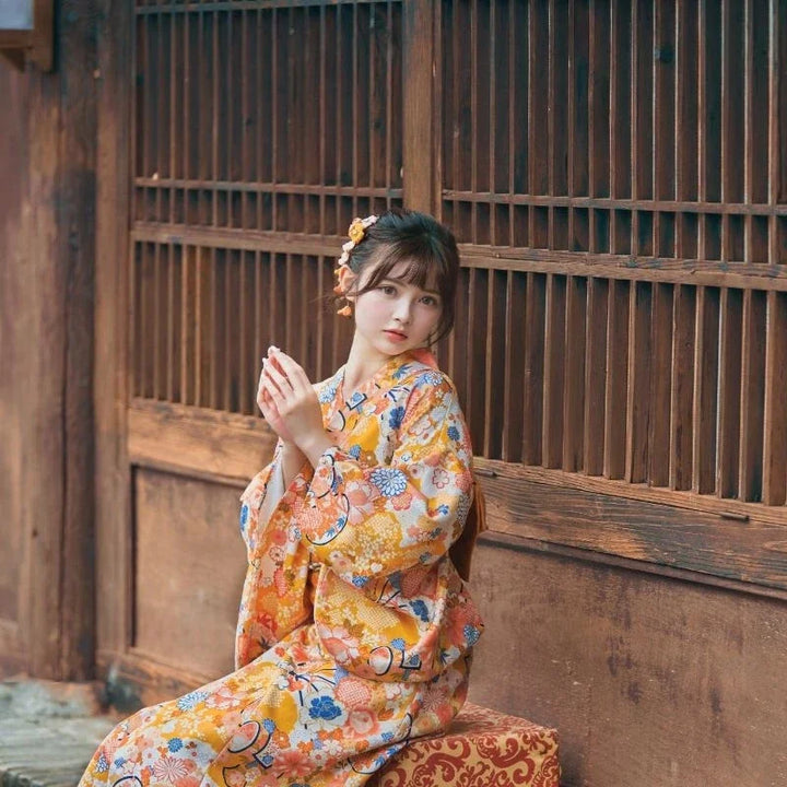 Kimono Japonais Femme Orange Floral Chic