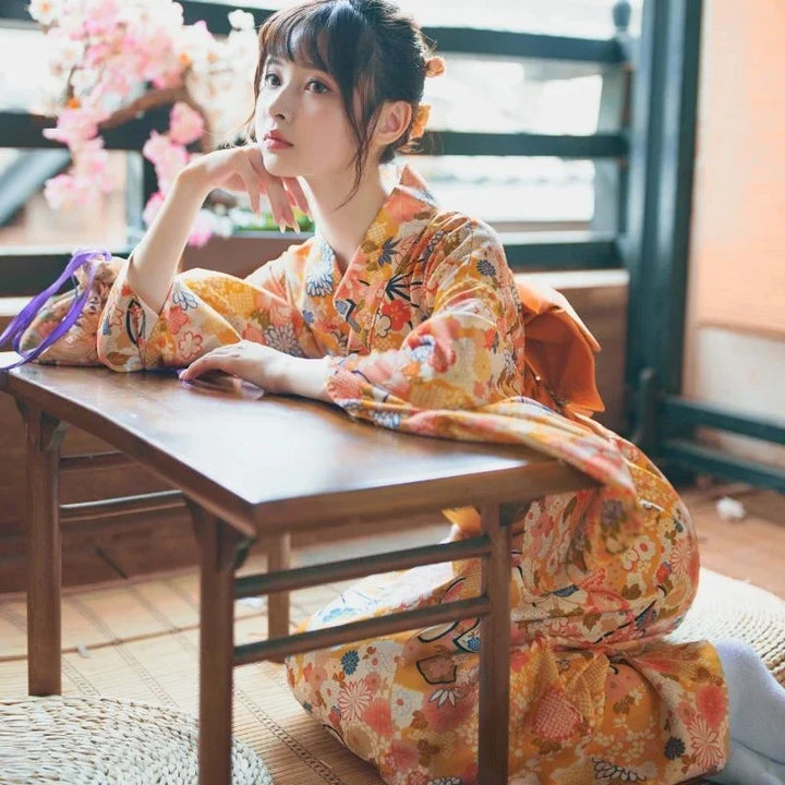 Kimono Japonais Femme Orange Floral Unique