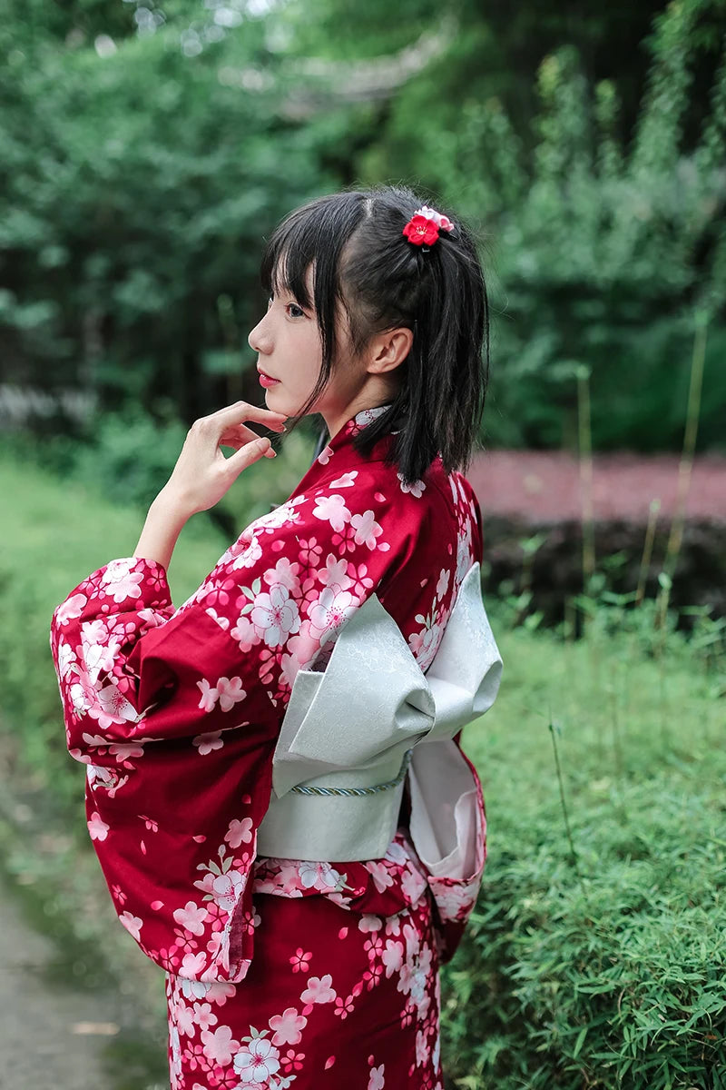 Kimono Japonais Femme Rouge Floral Rouge