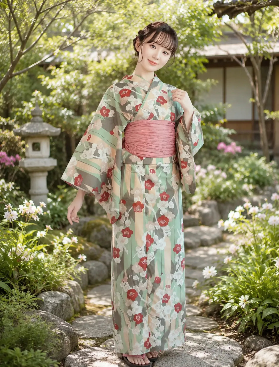 Kimono Japonais Femme Vert Rayé Fleuri
