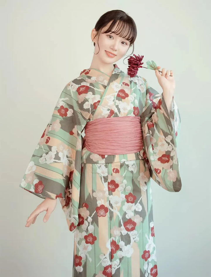 Kimono Japonais Femme Vert Rayé Fleuri Chic