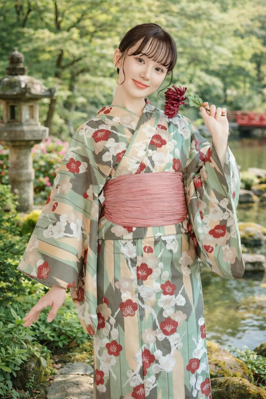 Kimono Japonais Femme Vert Rayé Fleuri Unique