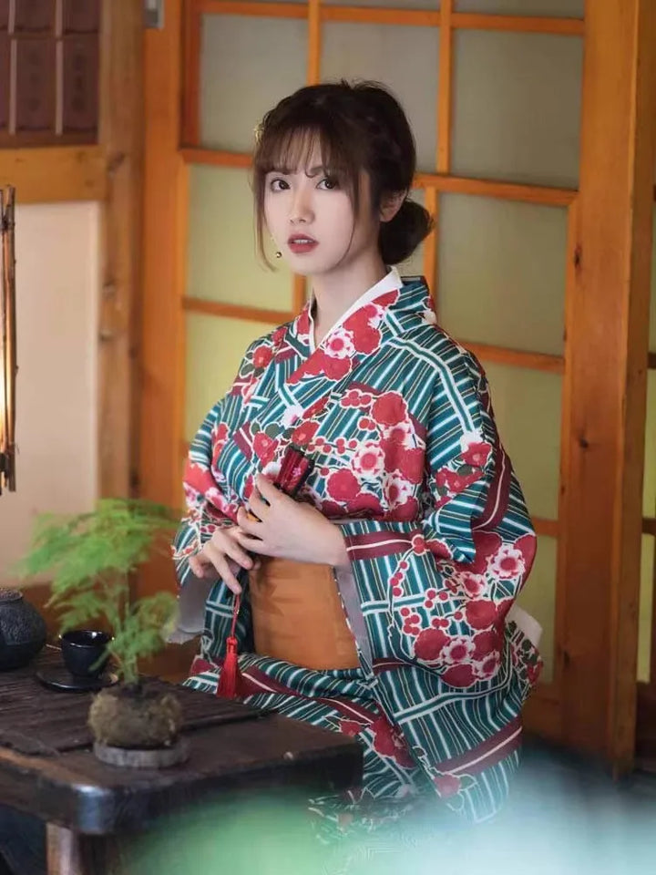 Kimono Japonais Femme Vert et Rouge