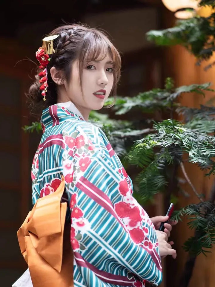 Kimono Japonais Femme Vert et Rouge Unique