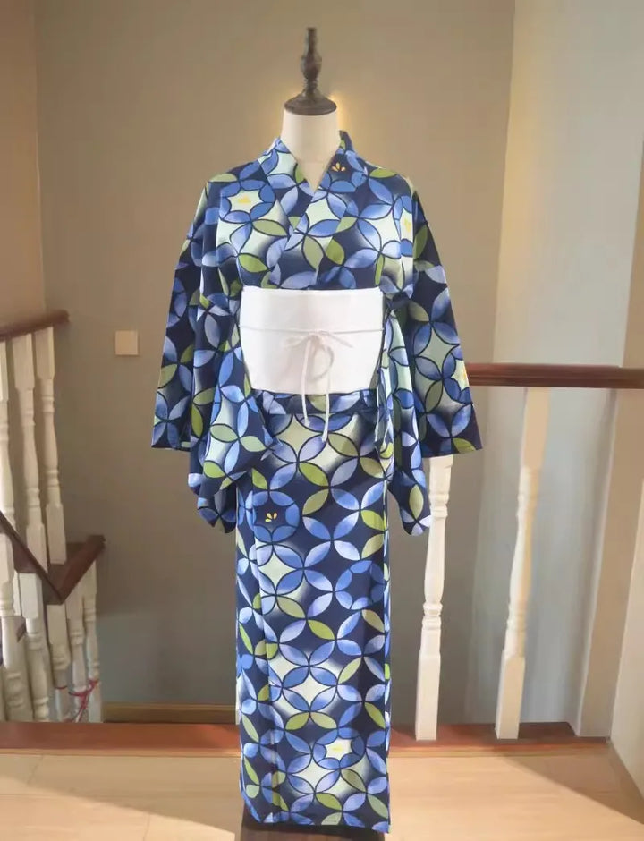 Kimono Japonais Femme à imprimé Géométrique Bleu