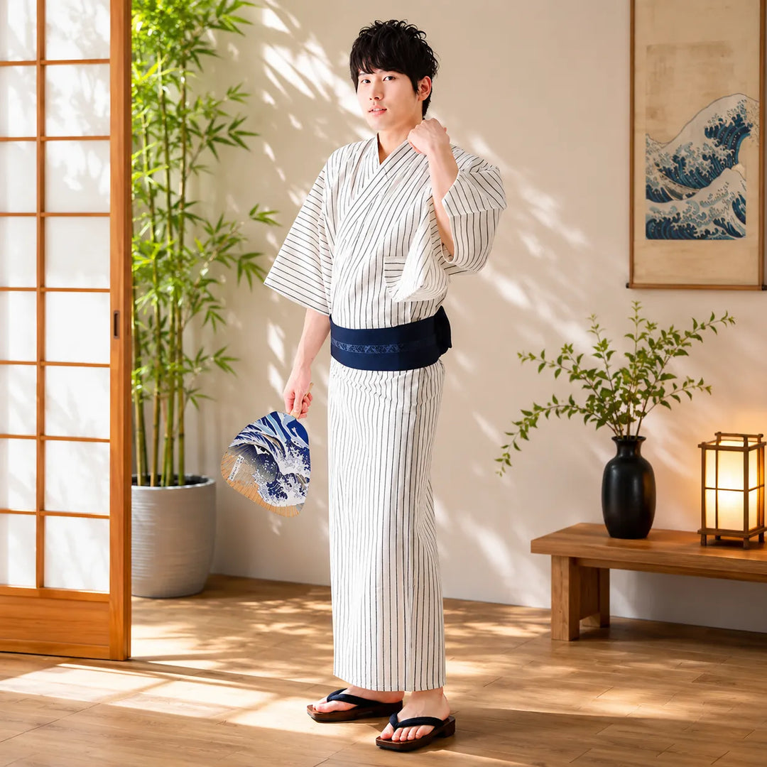 Kimono Japonais Homme Blanc à Rayures