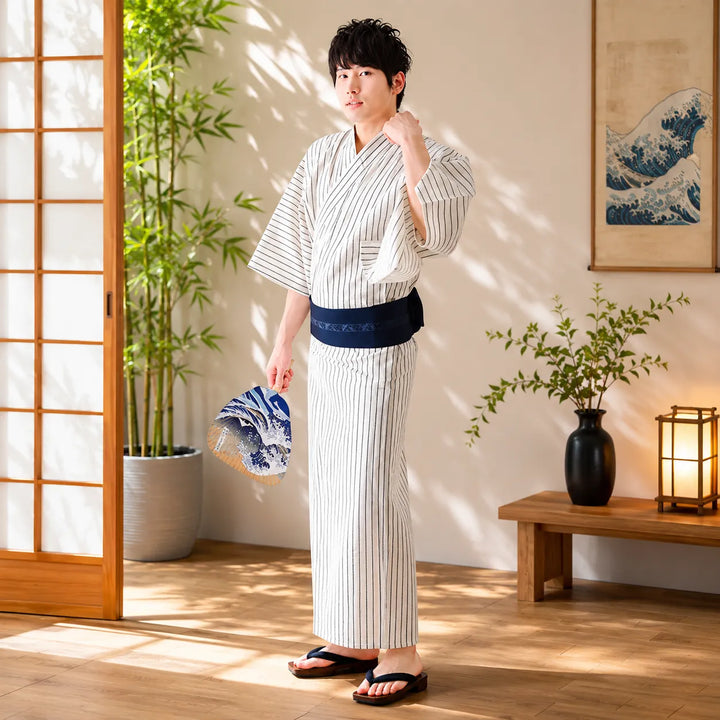 Kimono Japonais Homme Blanc à Rayures