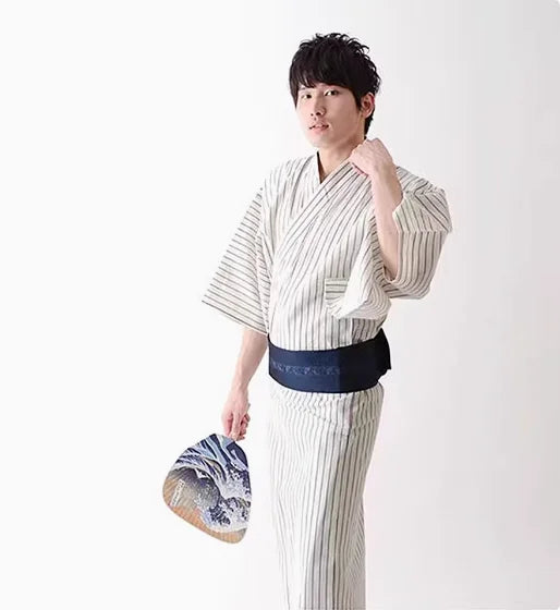 Kimono Japonais Homme Blanc à Rayures Confortable
