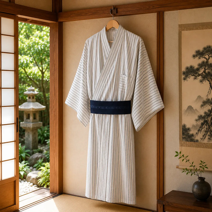Kimono Japonais Homme Blanc à Rayures Unique