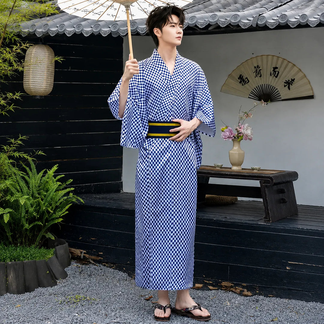 Kimono Japonais Homme Carreaux Bleus
