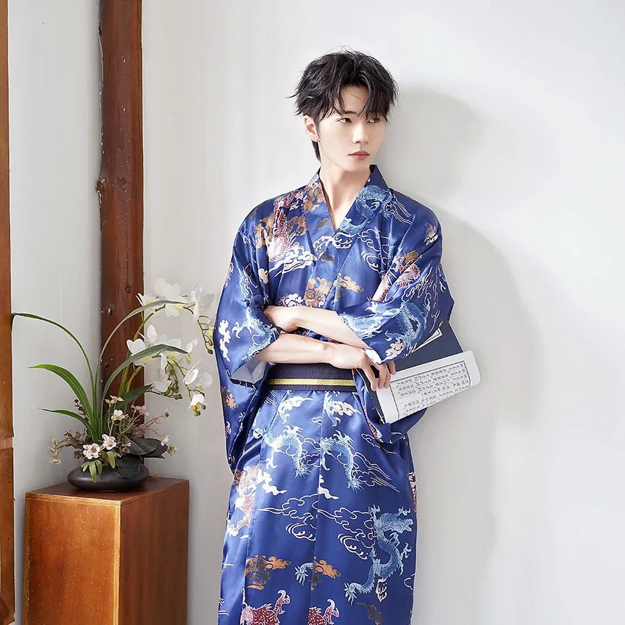 Kimono Japonais Homme Carreaux Bleus Bleu
