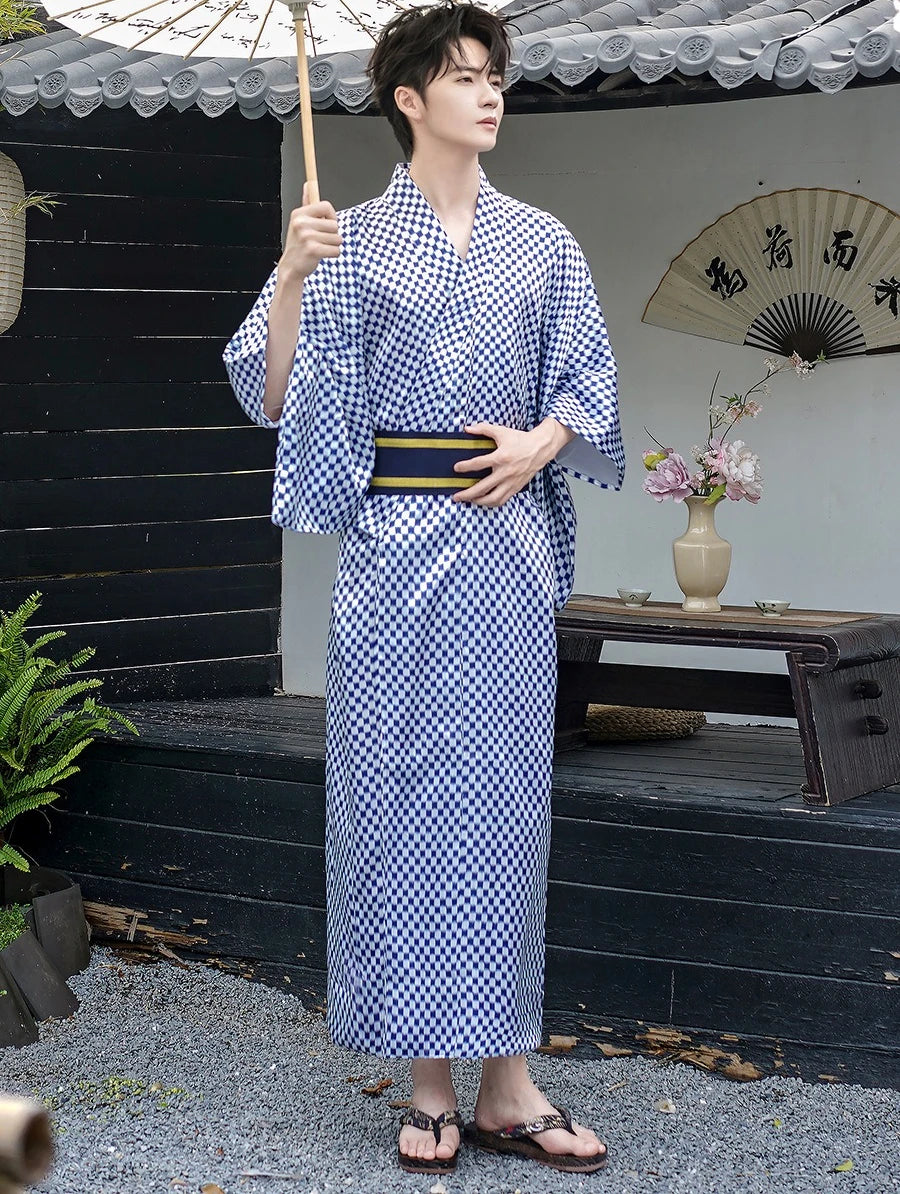 Kimono Japonais Homme Carreaux Bleus Carreaux