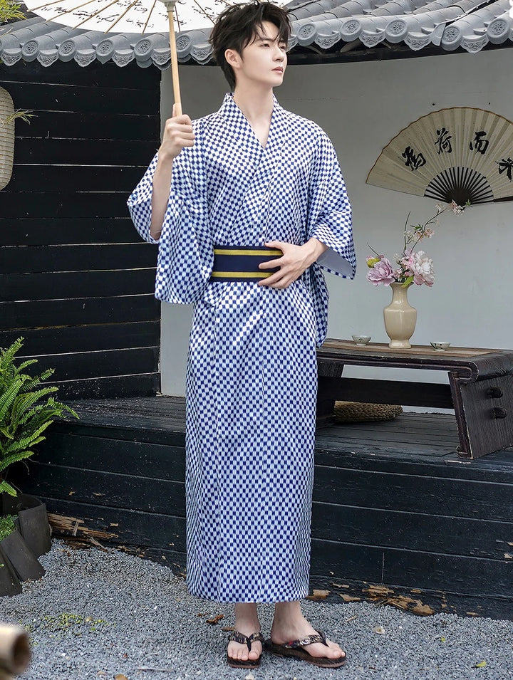 Kimono Japonais Homme Carreaux Bleus Carreaux