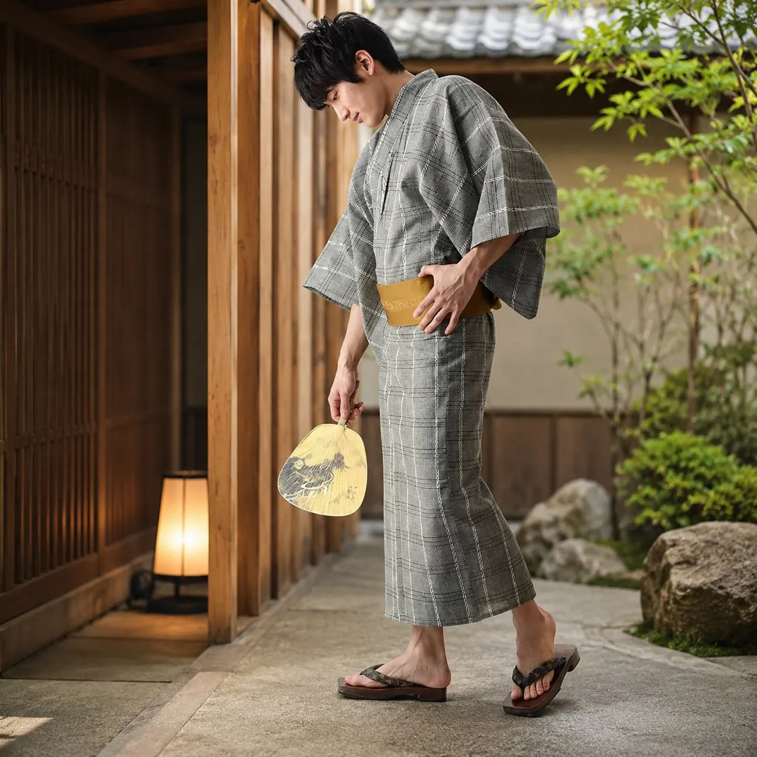 Kimono Japonais Homme Gris Carreaux