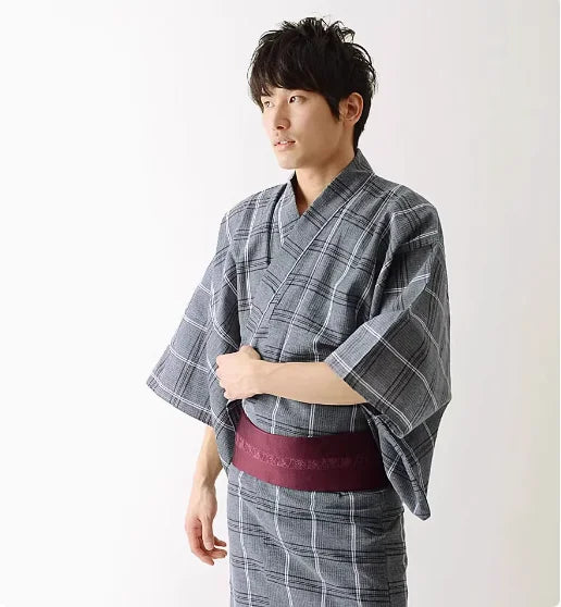 Kimono Japonais Homme Gris Carreaux Confortable
