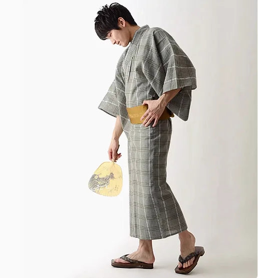 Kimono Japonais Homme Gris Carreaux Gris