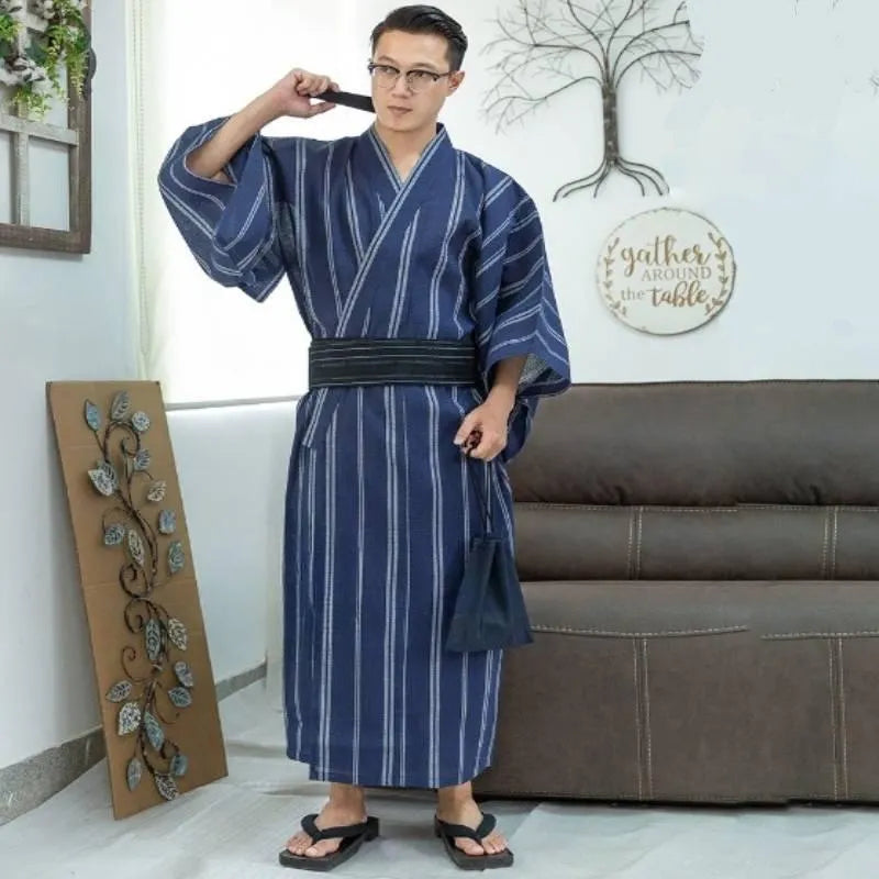 Kimono Traditionnel Homme Léger Bleu Rayé Chic