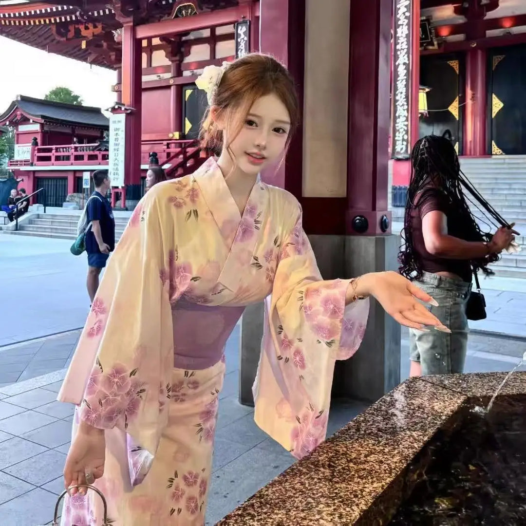 Kimono Yukata Femme Violet Fleuri Unique
