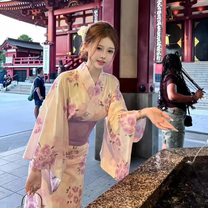 Kimono Yukata Femme Violet Fleuri Unique