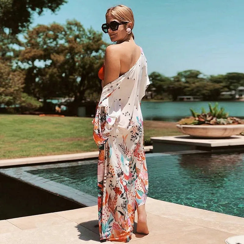Kimono de Plage Blanc Floral Chic