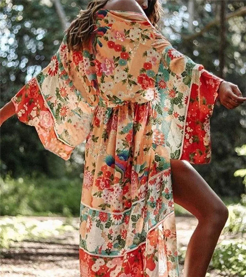 Kimono de Plage Fluide Fleuri Coloré