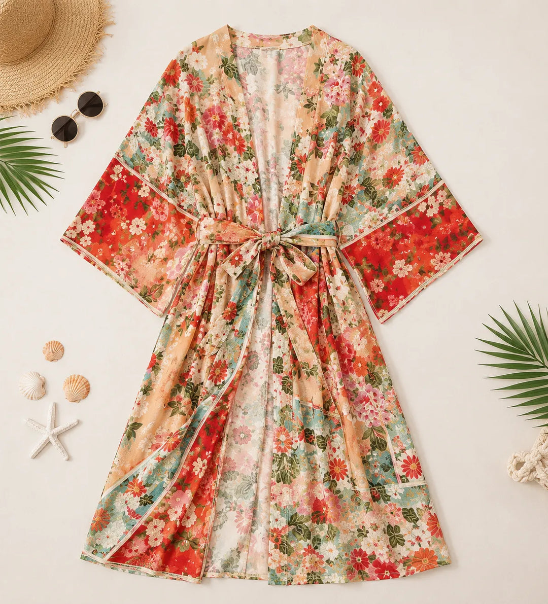 Kimono de Plage Fluide Fleuri Coloré Unique