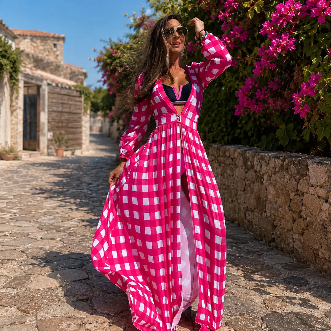 Kimono de Plage Rose à Carreaux