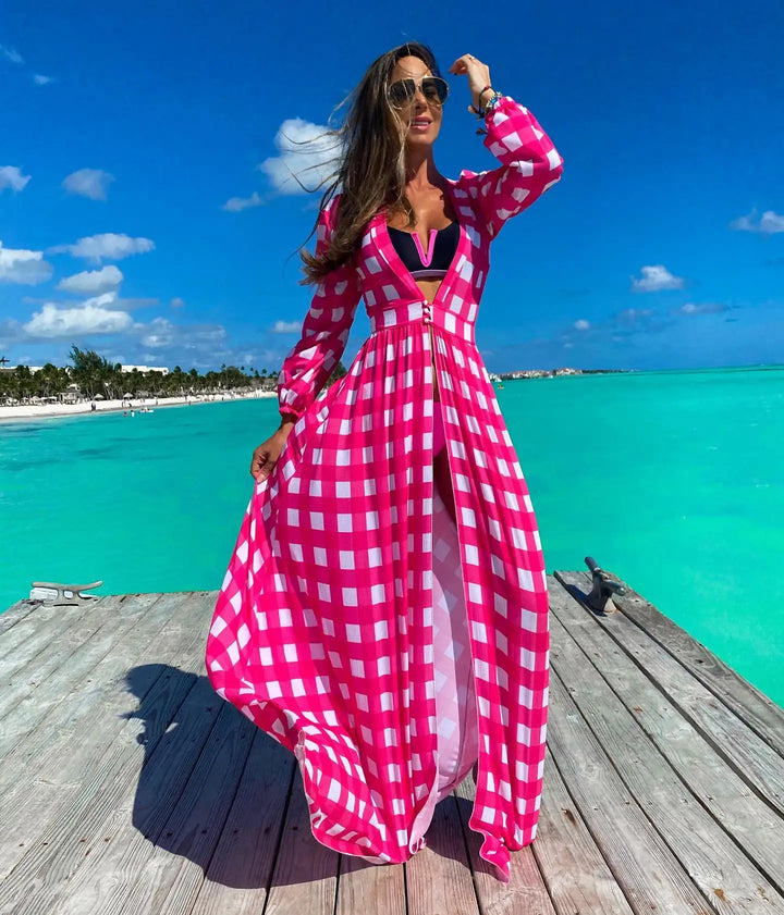 Kimono de Plage Rose à Carreaux Rose