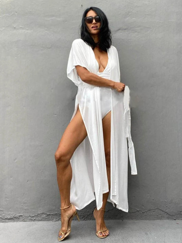 Kimono de Plage Uni Fluide Blanc