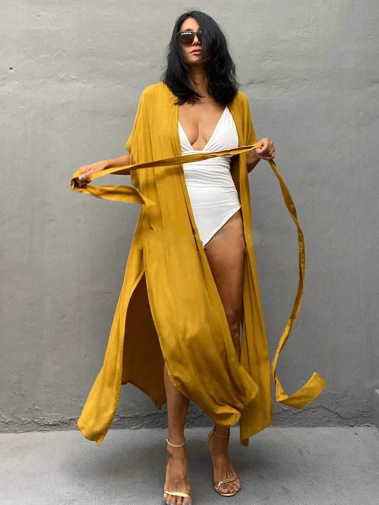 Kimono de Plage Uni Fluide Jaune