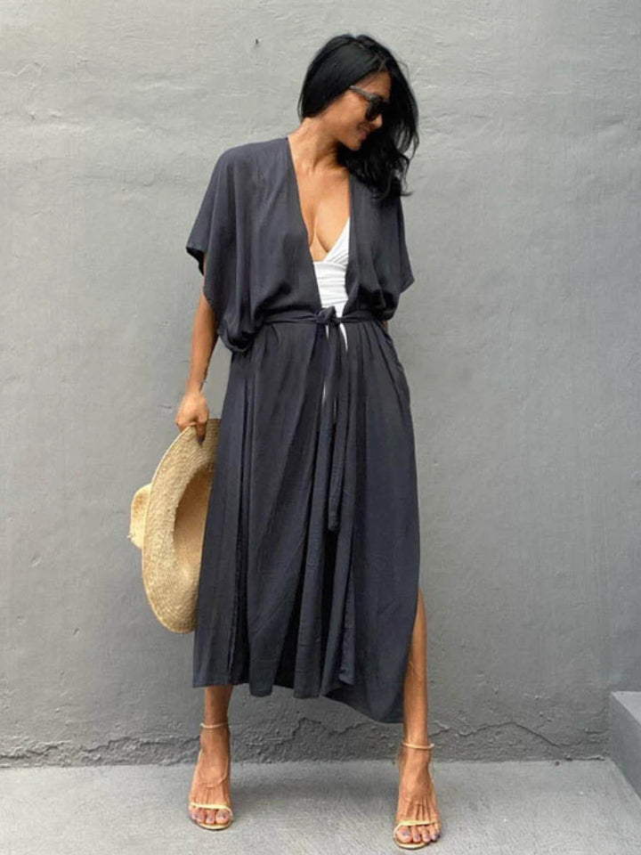 Kimono de Plage Uni Fluide Noir
