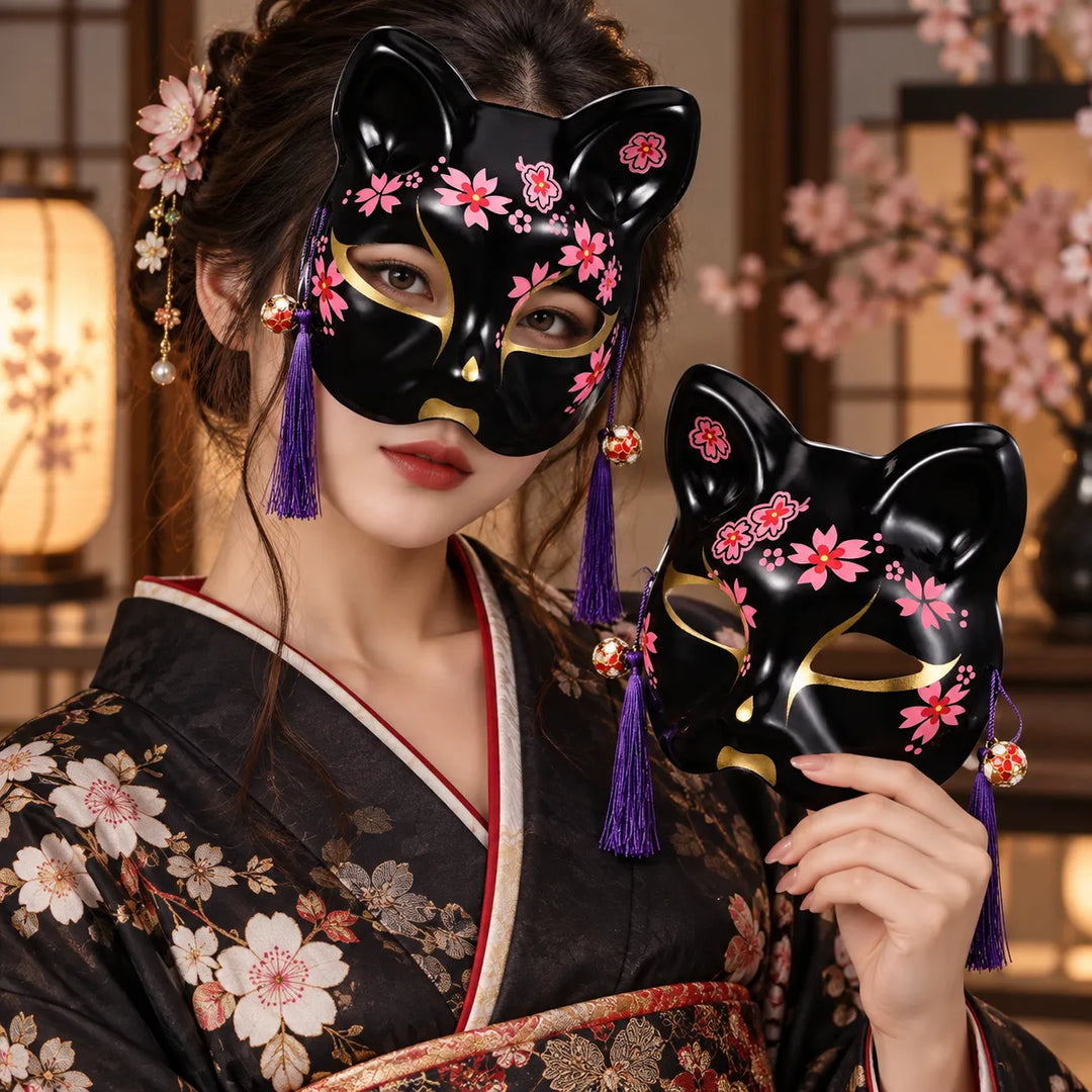 Masque Japonais Chat Noir Sakura Unique